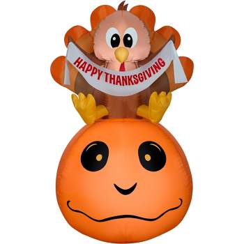 Gemmy Airblown Inflatable Pumpkin and Turkey with Happy Thanksgiving Banner, 4.5 ft Tall, Orange