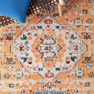 Ivory and Orange Square Synthetic Flat Woven Area Rug