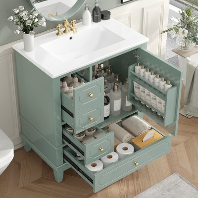 JUJABU 30" Freestanding Bathroom Vanity with Ceramic Basin, Soft-Close Door, 3 Drawers & Storage Shelves