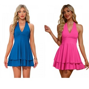 INSPIRE CHIC Women's Halter Party Deep V Neck Backless Layer Mini Dress 2 Packs - 1 of 4