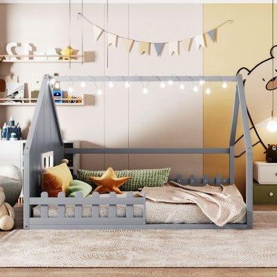 1 Full Bed Frame, Solid Wood House Bed with Fence and Window, No Box Spring Needed - Baofuwish