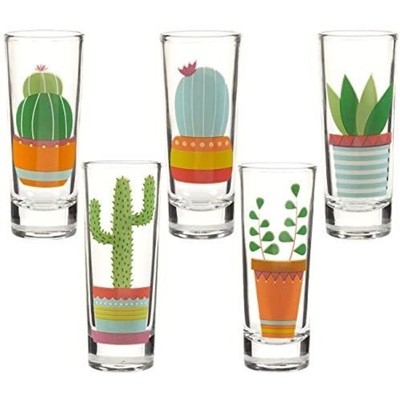 Party Shot Glasses - Cactus Shot Glasses with Colorful Print for Cinco de Mayo Tequila Fiesta- Set of 5, 2 oz Each