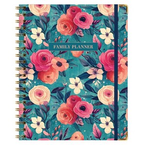 Undated Family Planner – 8.5" x 11" Weekly/Monthly Calendar for 5+ People, Meal Planning, Budgeting, Habit Tracker – Hardcover (Teal Floral) - 1 of 4