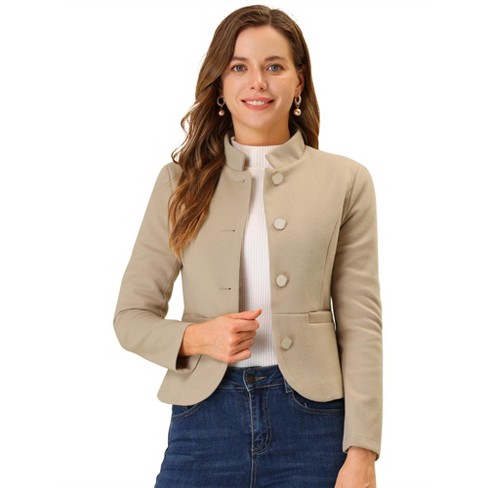 Allegra K Women's Stand Collar Pocket Single Breasted Long Sleeve Short  Coat Jacket Khaki Large
