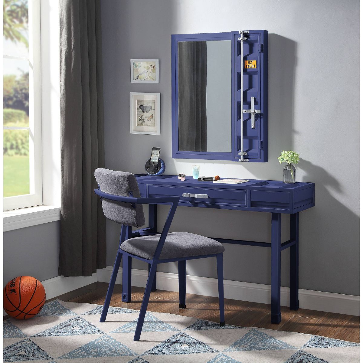 Cargo Vanity Table Blue with Drawer - Acme Furniture: Dressing Table, Metal Frame - thumbnail 6