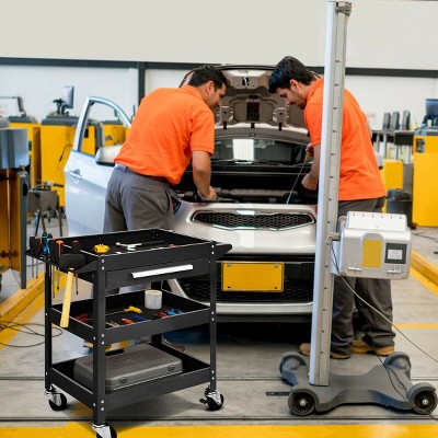 Black Heavy Duty Steel Three Tray Rolling Tool Cart with Drawer