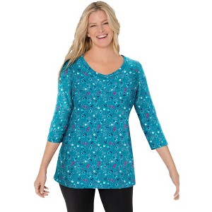 Woman Within Women's Plus Size Perfect Printed Three-Quarter Sleeve V-Neck Tee - 1 of 4