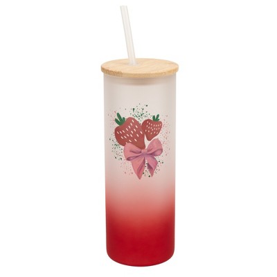 Elanze Designs 25 Ounce Frosted Glass Gradient Travel Tumbler With Straw and Wooden Lid, Strawberry Red