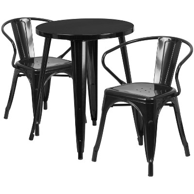 Emma and Oliver Commercial 24" Round Black Metal Indoor-Outdoor Table Set with 2 Arm Chairs