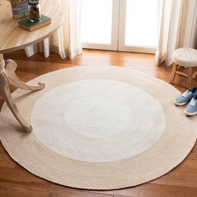 Handmade Beige and Ivory Round Synthetic Braided Rug, 5'