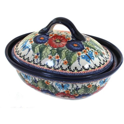 Blue Rose Polish Pottery Floral Butterfly Small Oval Baker with Lid