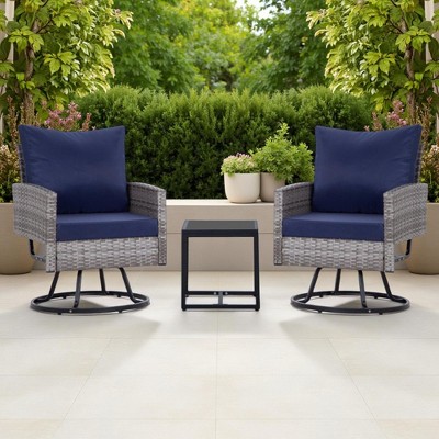 3-Piece Outdoor Patio Rattan Conversation Swivel Chairs Set with 2 Swivel Chair and Coffee Table