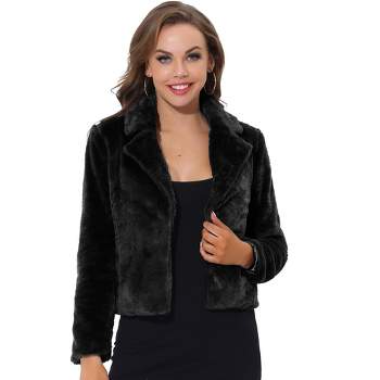 Allegra K Women's Autumn Winter Cropped Notch Lapel Faux Fur Fluffy Jacket