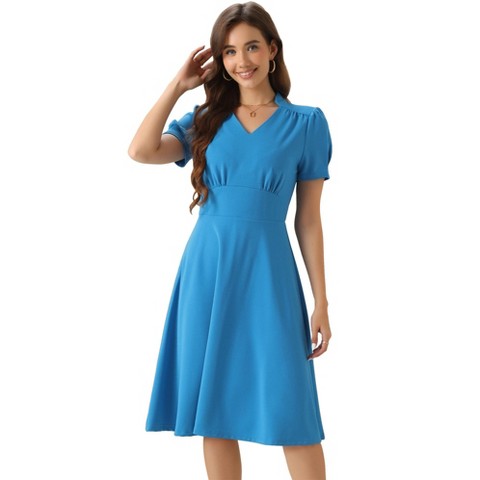 Женские платья INSPIRE CHIC Women's Work Short Puffle Sleeve V Neck Collared Midi Dresses Lake Blue X-Large