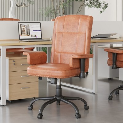 VECELO Ergonomic Leather Office Chair, Adjustable Swivel Desk Chair with Armrests & Lumbar Support, Black/Brown