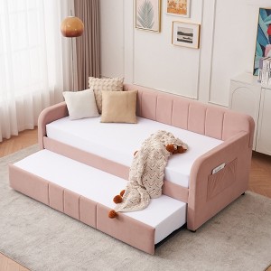 Gulches Twin Size Upholstered Daybed with Trundle Wood Slat Support Pink Solid Pine Wood MDF Frame for Bedroom Living Room Guest Room - 1 of 4