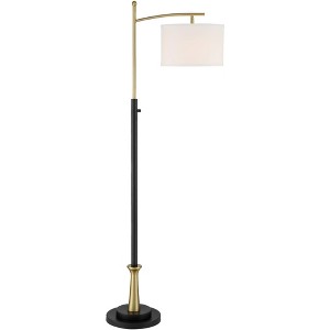 Possini Euro Design Modern Downbridge Floor Lamp 64" Tall Black Brass Metal Linen Drum Shade for Living Room Reading Bedroom Home - 1 of 4