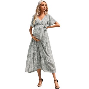 V-neck flared sleeve short sleeved long maternity dress - 1 of 1