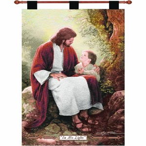 Manual Woodworkers and Weavers In His Light Wall Hanging by Greg Olsen with Finial Rod, 26x36 Inches, Christian Woven Tapestry with Jesus and Child - 1 of 3