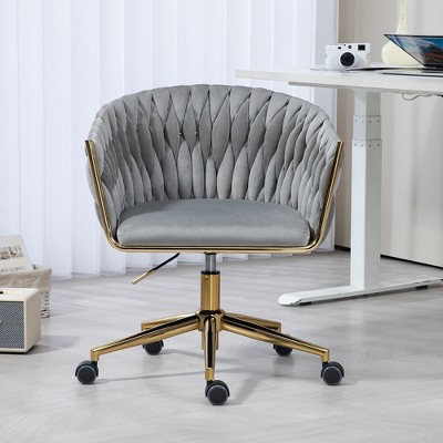 Modern Design The Backrest Is Hand-Woven Office Chair,Vanity Chairs With Wheels,Height Adjustable,360° Swivel For Bedroom Living Room(Gray)