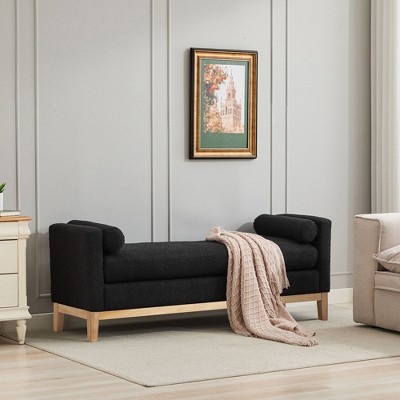 Grungis Storage Benches with Nature Wood Legs and 2 Bolster Pillows,Upholstered Storage Ottoman,Ottoman Benches for Living Room,Bedroom