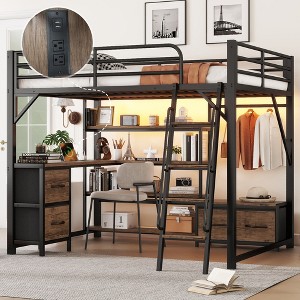 TIRAMISUBEST Full/Queen Size Loft Bed with Desk and Drawers, Metal Bed Frame with Storage Shelves and Clothes Rod - 1 of 4