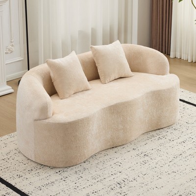 Loveseat High-Density Sponge Curved Round-Armrest Compression Sofa with 2 Pillows, Cream Color, No Assembly, Ideal for Small Spaces