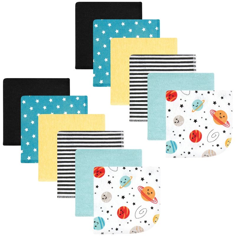Hudson Baby Infant Boy Flannel Cotton Washcloths, Happy Planets 12 Pack, One Size, 1 of 9