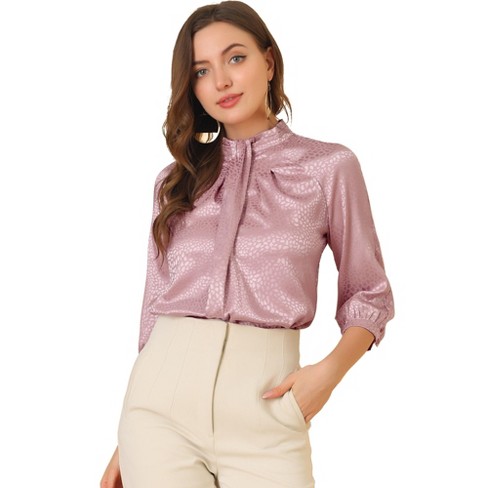 OL Women Satin Work Long Sleeve Formal Tops High Neck Frilly Ruffle Shirt  Blouse