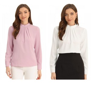 INSPIRE CHIC Women's Business Casual Stand Collar Chiffon Long Sleeve Blouse 2 Packs - 1 of 4