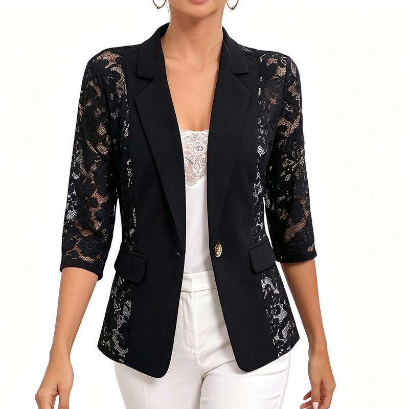 Women's Contrast Lace Panel Blazer Notched Lapel 3/4 Sleeve Single Button Slim Dressy Casual Outer Jacket,BLACK,L