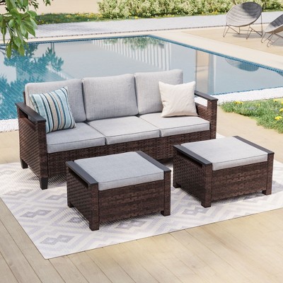 Sonkuki 3 Pieces Patio Sofa with Ottomans, All-Weather PE Rattan Wicker Sofa Small Patio Conversation Couch with Cushion
