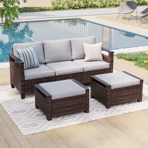 Sonkuki 3 Pieces Patio Sofa with Ottomans, All-Weather PE Rattan Wicker Sofa Small Patio Conversation Couch with Cushion - 1 of 4