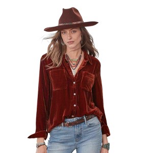 Womens Winter Velvet Long Sleeve Button Down Casual Tops Shirts - 1 of 3