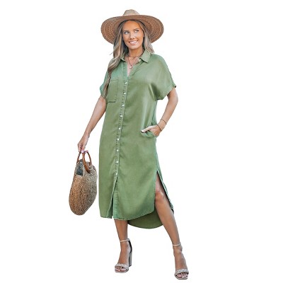 Women's Denim Button Front Side Slit Shirt Midi Dress -Cupshe