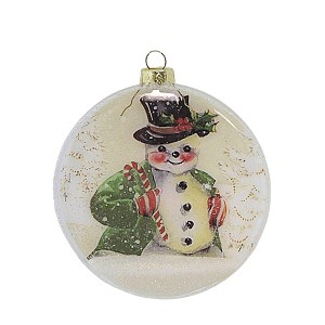 Bethany Lowe 4.0 Inch Snowman Glass Disk Ornament Christmas Candy Cane Top Hat Tree Ornaments - 1 of 3