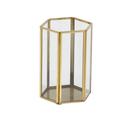 Gold Iron and Glass Hexagonal Candle Lantern Set