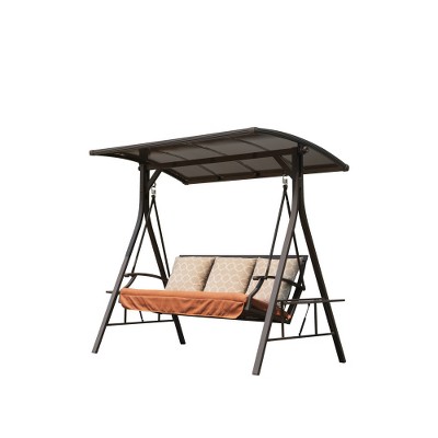XIYUYEU Patio Porch Swing, 2 Person Outdoor Porch Swing with Adjustable Canopy, Hammock Swing Glider with Solar LED Light and 2 Cushions