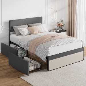 Whizmax Platform Bed Frame with 2 Storage Drawers, Fabric Upholstered, Steel Slats Support, No Box Spring Needed, Gray - 1 of 4