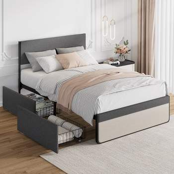 Whizmax Platform Bed Frame with 2 Storage Drawers, Fabric Upholstered, Steel Slats Support, No Box Spring Needed, Gray