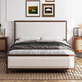 Metal Platform Bed Frame with Headboard and Footboard, Wood Grain Bed Frame with Rivet, No Box Spring Needed, Walnut