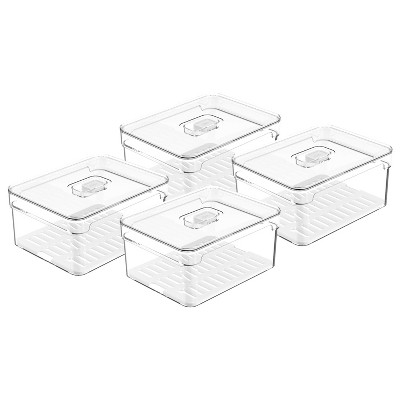 OU Fridge Organizer Bins with Vented Lid, Clear Stackable Refrigerator Storage Container, Produce Kitchen Storage Bin, BPA Free, 4 Pack