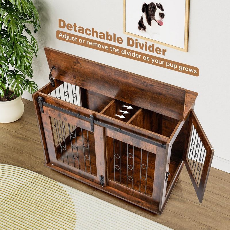 Double Dog Crate with Divider Sliding Barn Door, 39" Wooden Dog Kennel End Table with Wheels Indoor Dog House 39.37”Wx25.2”Dx28.94”H, 2 of 7