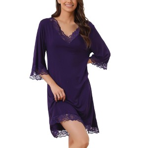 cheibear Women's Lace Modal Soft Half Sleeves One Piece Nightgown - 1 of 4