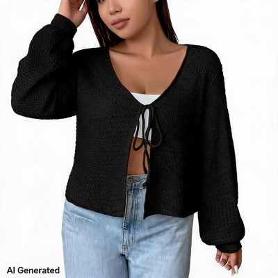 Women's Cropped Open Front Knit Cardigan, V-Neck Tie Front Balloon