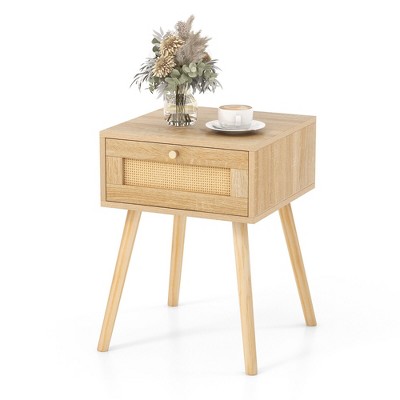 Tangkula Nightstand Bedside End Sofa Table with Rattan Drawer for Bedroom & Living Room