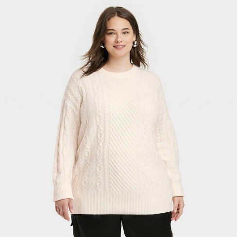 Women's Crewneck Tunic Pullover Sweater - A New Day™ Cream/black Striped Xs  : Target