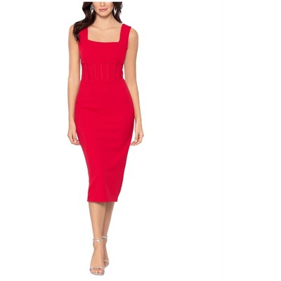 Betsy & Adam Womens Corset Midi Sheath Dress, Red, 2