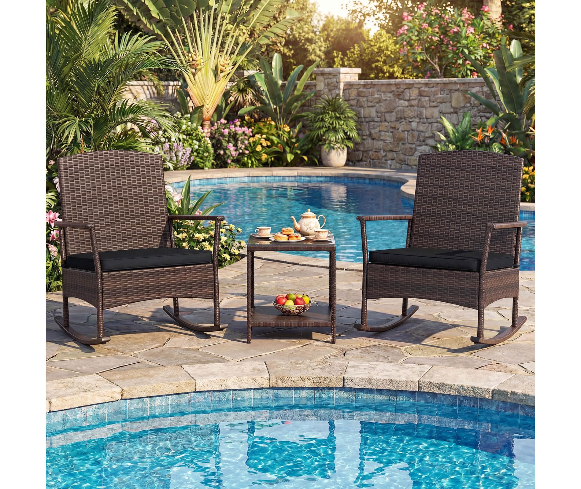 Costway 3 PCS Patio Rocking Set Wicker Rocking Chairs with 2-Tier Coffee Table Black