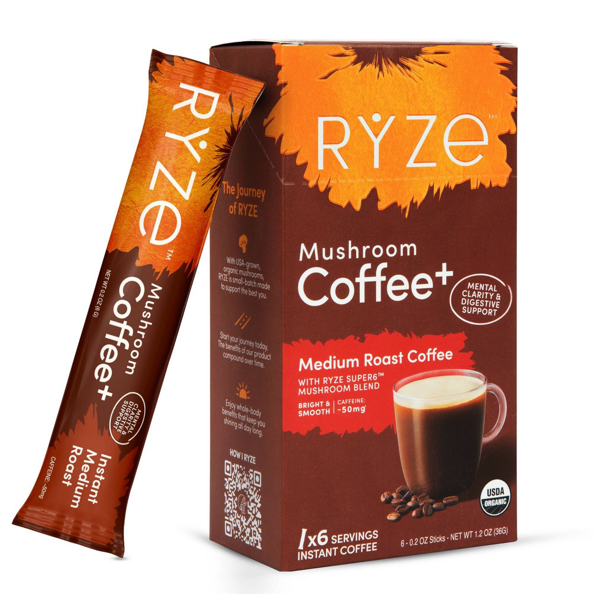 RYZE Organic Medium Roast Mushroom Coffee Sticks - 1.2oz/6ct